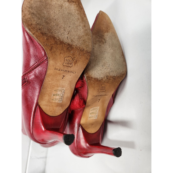 Vintage Beston Women's Red High Heels Tall Boots, Sz 7. Buckle/Rabbit Fur Accent - Picture 9 of 14